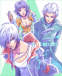 1girl 2boys allie_(united_f) black_coat black_hair blue_coat breasts cleavage coat copyright_name cosplay dante_(devil_may_cry) dante_(dmc:_devil_may_cry) dante_(dmc:_devil_may_cry)_(cosplay) devil_may_cry devil_may_cry_(series) dmc:_devil_may_cry jewelry kat_(devil_may_cry) kat_(devil_may_cry)_(cosplay) lady_(devil_may_cry) multiple_boys necklace one_eye_closed scar scar_on_face scar_on_nose shirt spray_can vergil_(devil_may_cry) vergil_(dmc:_devil_may_cry) vergil_(dmc:_devil_may_cry)_(cosplay) white_hair white_shirt