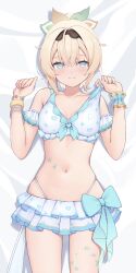 1girl absurdres ahoge aqua_bow bed_sheet bikini bikini_skirt black_hairband blonde_hair blue_eyes blush bow breasts closed_mouth crossed_bangs double-parted_bangs frilled_bikini frilled_skirt frills hair_between_eyes hair_bow hairband highleg highleg_bikini highres hololive hololive_summer_2022_swimsuit kazama_iroha looking_at_viewer lying mawata0618 medium_breasts miniskirt multicolored_bow navel official_alternate_costume on_back ponytail print_bikini short_hair skirt smile solo stomach straight-on strap_lift swimsuit virtual_youtuber waist_bow white_bikini white_skirt