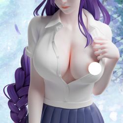 3d breasts cleavage dress_shirt genshin_impact head_out_of_frame highres large_breasts non-web_source purple_hair raiden_shogun ribs school_uniform shirt skirt solo