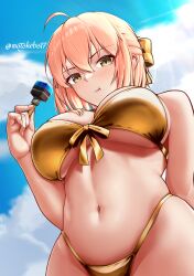 1girl ahoge bare_shoulders bikini blonde_hair blue_sky blush bow breasts cloud cloudy_sky commentary_request fate/grand_order fate_(series) food gold_bikini hair_bow half_updo highleg highleg_bikini highres holding holding_food large_breasts looking_at_viewer looking_down motokebo17 navel okita_j._souji_(fate) okita_souji_(fate) pout short_hair skindentation sky snack solo swimsuit underboob variant_set yellow_eyes