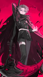 1boy absurdres aotsuki_eito arm_up armband belt black_halo black_pants cape chinese_commentary eyeshadow full_body gakuran glasses gloves grey_hair halo highres holding holding_behind_back holding_scythe holding_weapon_behind_back hole_in_chest hole_on_body last_defense_academy_school_uniform longoephemino looking_at_viewer makeup male_focus pants purple_eyes red_background red_eyeshadow school_uniform scythe short_hair sketch solo spikes the_hundred_line_-last_defense_academy- thigh_strap weapon white_armband white_belt white_gloves