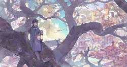 1girl bird black_hair boots building cape city cloak cloud day dlkdhy dress fantasy highres holding holding_lantern lantern long_hair original outdoors ponytail purple_dress scenery sky solo standing tree wide_shot
