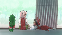3girls bandages bandaged_arm bandages black_sclera bow brown_hair bun_cover chamaji chinese_clothes colored_sclera commentary_request curly_hair detached_sleeves double_bun frilled_bow frills from_behind green_hair hair_bow hair_tubes hakurei_reimu highres horns ibaraki_kasen japanese_clothes kariyushi_shirt komano_aunn long_hair lying medium_hair miko multiple_girls nontraditional_miko pink_eyes pink_hair pointy_ears puffy_sleeves red_bow red_shirt red_skirt ribbon-trimmed_sleeves ribbon_trim shirt short_hair shorts shouji sidelocks single_horn sitting skirt skirt_set skirt_tug sleeveless sleeveless_shirt sliding_doors socks tabard tail touhou tree veranda white_legwear white_shorts wide_sleeves