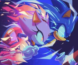 1boy 1girl aura blaze_the_cat blue_background blue_eyes blue_fur body_fur chaoslose electricity eye_trail from_side full_body glowing glowing_eyes highres light_trail profile purple_fur red_eyes red_shoes running shoes simple_background sneakers sonic_(series) sonic_the_hedgehog