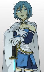 1girl bad_id bad_twitter_id blue_eyes blue_hair blue_skirt cape collarbone commentary gloves gradient_background hair_between_eyes holding holding_sword holding_weapon kuwabara_(medetaya) looking_at_viewer mahou_shoujo_madoka_magica mahou_shoujo_madoka_magica_(anime) miki_sayaka miki_sayaka_(magical_girl) planted planted_sword planted_weapon short_hair simple_background skirt solo soul_gem sword tearing_up weapon white_cape white_gloves
