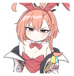 1girl absurdres blue_archive blush breasts cleavage flat_chest highres leotard neru_(blue_archive) neru_(bunny)_(blue_archive) oversized_breast_cup playboy_bunny rabbit_ears solo sweatdrop tagyeokgam