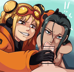 Rule 34 | 1boy, 2girls, assisted fellatio, bar censor, black gloves, black hair, blonde hair, blue eyes, breasts, brown eyes, censored, cleavage, eyewear on head, fellatio, gloves, goggles, gradient background, grin, highres, looking at viewer, medium breasts, multiple girls, nico robin, nude, one piece, oral, penis, pov, s0 underrated, sexual coaching, smile, vegapunk york