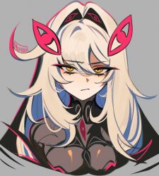 Rule 34 | 1girl, absurdres, artist name, closed mouth, commentary, cowlick, english commentary, eye hair ornament, eye print, eye symbol, eyelashes, frown, genshin impact, grey background, highres, long hair, looking at viewer, loose hair strand, memeh, messy hair, red eyes, ronova (genshin impact), signature, solo, upper body, white hair, yellow eyes