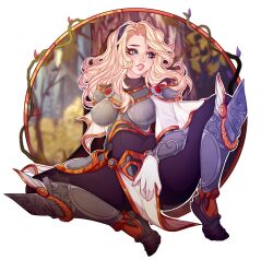 1girl armor black_bodysuit blonde_hair blue_eyes blue_hairband bodysuit breastplate breasts forest gloves hairband highres knee_armor kuchicute large_breasts league_of_legends legs_apart long_hair lux_(league_of_legends) nature plant solo teeth tree white_gloves
