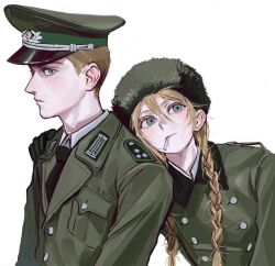 Rule 34 | 1boy, 1girl, black gloves, blonde hair, blue eyes, braid, cigarette, closed mouth, coat, collared shirt, east germany, gloves, green coat, green hat, green jacket, hand on another&#039;s shoulder, hat, highres, jacket, looking at viewer, military jacket, military uniform, min do-sik, nationale volksarmee, necktie, original, peaked cap, shirt, short hair, shoulder boards, simple background, twin braids, upper body, ushanka, white background