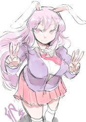 1girl animal_ears blazer breasts closed_mouth commentary_request double_v feet_out_of_frame highres jacket kneehighs large_breasts leaning_forward long_hair long_sleeves looking_at_viewer necktie pink_hair pink_skirt pleated_skirt purple_jacket rabbit_ears rabbit_girl red_eyes red_necktie reisen_udongein_inaba shirt short_necktie simple_background skirt smirk socks swept_bangs touhou v white_background white_shirt yoyoiro_(sysi20)