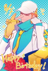 1boy aqua_shirt baseball_cap bouquet box closed_eyes closed_mouth commentary dated english_text eyelashes flower gift gift_box gloves halftone halftone_background happy_birthday hashtag-only_commentary hat head_rest heart highres jacket kaku_(one_piece) lapels layered_sleeves long_nose long_sleeves male_focus necktie one_piece open_clothes open_jacket orange_hair popped_collar red_flower shirt short_hair sideburns smile solo stuffed_animal stuffed_toy very_short_hair white_gloves white_hat white_jacket wlrn8888 yellow_necktie