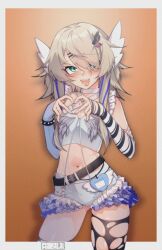 1girl :d aqua_eyes belt blonde_hair blue_arm_warmers blue_hair blush border bracelet criss-cross_halter four-finger_heart_hands frilled_shorts frills hair_over_one_eye halterneck head_wings heart heart_hands highres jewelry leggings long_hair looking_at_viewer mismatched_arm_warmers multicolored_hair multiple_belts navel official_alternate_costume official_alternate_hairstyle open_mouth orange_background phase_connect rinkou_ashelia rinkou_ashelia_(lia_3.0) second-party_source shirt shorts single_leg_pantyhose skindentation smile spiked_bracelet spikes streaked_hair striped_arm_warmers tilt-shift_(azalanz) torn_clothes torn_leggings virtual_youtuber white_border white_shirt white_shorts wings wolf_cut