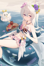 1girl artist_name azusa_(blue_archive) azusa_(swimsuit)_(blue_archive) bikini blue_archive bow bow_bikini breasts commentary_request cup drinking_glass feathered_wings food frilled_bikini frills fruit hair_bow highres holding holding_cup jewelry long_hair necklace official_alternate_costume peroro_(blue_archive) purple_eyes small_breasts solo swim_ring swimsuit watermelon watermelon_slice weirdo white_hair white_wings wine_glass wings