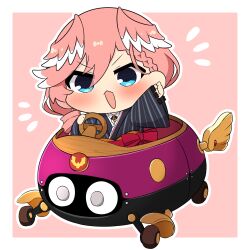 Rule 34 | 1girl, :d, arm up, biddybuggy, black kimono, blue eyes, bow, braid, braided bangs, chibi, chibi only, clenched hand, determined, double-parted bangs, drill hair, driving, hair between eyes, hair over shoulder, head wings, hololive, japanese clothes, kimono, long sleeves, looking at viewer, low side ponytail, mario (series), mario kart, mario kart 8, nintendo, obi, official alternate costume, official alternate hairstyle, open mouth, outline, pink background, pink hair, pink wings, red sash, sash, shirt, side drill, simple background, smile, solo, striped clothes, striped kimono, takane lui, takane lui (new year), twumi, v-shaped eyebrows, vertical-striped clothes, vertical-striped kimono, virtual youtuber, waist bow, white outline, white shirt, white undershirt, wide sleeves, wings