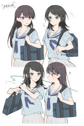 Rule 34 | 2girls, ?, aqua eyes, arrow (symbol), bag, bang dream!, bang dream! it&#039;s mygo!!!!!, black hair, blue neckerchief, blue shirt, brown hair, commentary request, hanasakigawa school uniform, highres, lehcar, long hair, looking at another, mole, mole under eye, multiple girls, neckerchief, parted lips, pleated skirt, purple eyes, school bag, school uniform, shiina taki, shirt, simple background, skirt, translation request, white background, white shirt, white skirt, yahata umiri