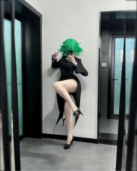 2024 asian bare_shoulders black_dress black_shoes bottomless breasts caiyadedouyin chinese_commentary claw_pose collarbone commentary cosplay cosplay_photo covered_face curly_hair dress english_commentary flipped_hair green_hair high_heels highres holding holding_phone indoors long_sleeves mixed-language_commentary one-punch_man pale_skin phone photo_(medium) real_life reflection second-party_source selfie shadow shoes short_hair small_breasts standing standing_on_one_leg stiletto_heels tatsumaki tatsumaki_(cosplay) thick_thighs thighs
