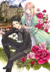 1boy 1girl alicia_licen aqua_dress aqua_eyes architecture bad_id belt black_belt black_eyes black_footwear black_hair black_jacket black_pants blonde_hair blue_sky boots brick_wall building castle center_frills closed_mouth cloud cloudy_sky day dress field flower flower_field formal_clothes frilled_dress frills gem glasses grass grey_shirt hair_flower hair_ornament hand_on_another&#039;s_shoulder highres jacket kashburn_licen kishida_mel leaf light_brown_hair long_dress long_hair long_sleeves looking_at_viewer medieval moss outdoors pants pink_flower pink_rose plant puffy_sleeves red_flower rimless_eyewear rose shinigamihime_no_saikon shirt short_hair sitting sky suit third-party_source two-tone_dress white_dress white_flower