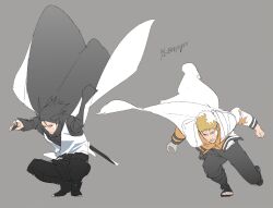 Rule 34 | 2boys, amputee, black hair, black pants, blue eyes, boruto: naruto next generations, coat, full body, grey background, grey pants, highres, male focus, multiple boys, naruto (series), ninja, orange shirt, pants, shirt, simple background, uchiha sasuke, uzumaki naruto, vest, white coat, white vest, yellow eyes, zifletts