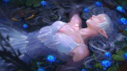 1girl absurdres breasts caio_santos cleavage closed_eyes collarbone dress elf flower frieren highres lily_pad mage_staff parted_lips partially_submerged pointy_ears solo sousou_no_frieren wet wet_clothes wet_hair white_dress white_hair