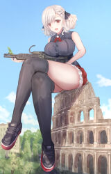 Rule 34 | 1girl, absurdres, architecture, black thighhighs, breasts, colosseum, full body, giant, giantess, girls&#039; frontline, greco-roman architecture, gun, highres, large breasts, martinreaction, medium hair, pump action, red eyes, ruins, shotgun, sitting, sleeveless, solo, spas-12, spas-12 (girls&#039; frontline), thighhighs, thighs, weapon, white hair