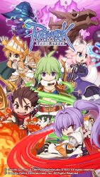 1boy 4girls ahoge antenna_hair armor black_gloves blue_eyes blue_shirt breasts brown_eyes brown_jacket brown_shorts cape cleavage closed_mouth coat copyright_notice cowboy_shot creature crop_top cross dragon_knight_(ragnarok_online) fire fur-trimmed_shorts fur-trimmed_sleeves fur_trim gauntlets gloves green_eyes green_hair grey_cape hair_intakes high_ponytail highres imperial_guard_(ragnarok_online) inquisitor_(ragnarok_online) jacket logo long_hair medium_breasts midriff multiple_girls navel official_art official_wallpaper open_mouth pauldrons pink_hair ponytail purple_coat purple_eyes purple_fire ragnarok_online red_cape shinkiro_(ragnarok_online) shirt short_hair shorts shoulder_armor shrug_(clothing) smile v-shaped_eyebrows vambraces wind_hawk_(ragnarok_online) witch yuichirou