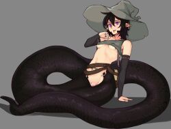 Rule 34 | arm support, black hair, breasts, censored, commission, face piercing, full body, grey background, grey hat, hat, highres, jewelry, lamia, lip piercing, medium hair, monster girl, open mouth, original, pentagram, piercing, pointless censoring, pointy ears, purple eyes, pussy, ring, simple background, small breasts, todding, witch hat