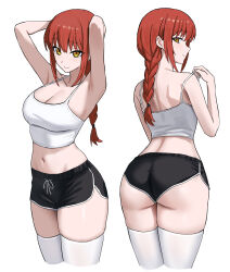 1girl :p absurdres ass bare_shoulders black_shorts braid braided_ponytail breasts camisole candy chainsaw_man cleavage collarbone cropped_legs crossed_legs dolphin_shorts food grin highres holding holding_candy holding_food holding_lollipop large_breasts lollipop makima_(chainsaw_man) multiple_views navel red_hair short_shorts shorts simple_background skrillex_li smile thighhighs thighs tongue tongue_out watson_cross white_background white_camisole white_thighhighs yellow_eyes