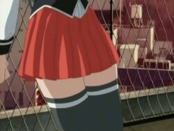 00s 1boy 1girl 2005 animal_ears animated animated_gif bible_black bible_black_only blue_eyes blush breasts dress fence green_hair hetero ito_mika leg_up long_hair lowres necktie outdoors rabbit_ears red_dress school school_uniform sunset tagme thigh_grab thighhighs underwear zettai_ryouiki
