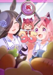 Rule 34 | 2girls, :d, ^ ^, against glass, animal ears, anniversary, blue flower, blue hat, blue rose, blurry, blurry foreground, blush, bow, brown hair, closed eyes, commentary request, crane game, depth of field, ear bow, fingerless gloves, flower, flower-shaped pupils, gloves, hair over one eye, hands up, haru urara (umamusume), hat, hat flower, highres, horse ears, jacket, long hair, moko39 takasora, multiple girls, open mouth, pink hair, puffy short sleeves, puffy sleeves, purple bow, purple eyes, purple shirt, red gloves, rice shower (umamusume), rose, school uniform, shirt, short sleeves, smile, symbol-shaped pupils, tilted headwear, tracen school uniform, umamusume, white bow, white jacket