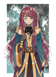 1boy absurdres aqua_eyes aqua_robe arm_at_side black_shirt black_sleeves border borrowed_character brown_sash closed_mouth color_banding cowboy_shot half_updo hand_on_own_chest hand_up highres jewelry kurodeko layered_clothes light_smile long_hair long_sidelocks looking_ahead looking_at_viewer male_focus mixed_media necklace original outline outside_border pendant red_hair robe second-party_source see-through_clothes see-through_sleeves shirt sidelocks solo straight-on swept_bangs trap turtleneck turtleneck_shirt wavy_hair white_border white_outline wide_sleeves yellow_trim