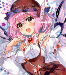 1girl :d adapted_costume animal_ear_piercing animal_ears bare_shoulders bird_ears bird_wings blush bow bowtie breasts brown_dress brown_eyes brown_hat center_frills chacham commentary dress dutch_angle earrings fingernails frilled_hat frilled_sleeves frills hand_up hat jewelry long_fingernails long_sleeves looking_at_viewer marker_(medium) medium_breasts mystia_lorelei open_mouth pink_hair puffy_long_sleeves puffy_sleeves short_hair single_earring sleeve_garter smile solo star_(symbol) touhou traditional_media twitter_username underbust upper_body white_sleeves wings