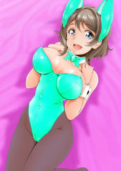 10s 1girl animal_ears aqua_bow aqua_bowtie aqua_leotard bed black_pantyhose blue_eyes bow bowtie breasts commentary_request cowboy_shot detached_collar fake_animal_ears female_focus grey_hair highres large_breasts leotard love_live! love_live!_sunshine!! lying nanashi_noiji open_mouth pantyhose playboy_bunny rabbit_ears rabbit_girl short_hair smile solo strapless strapless_leotard upper_body watanabe_you wrist_cuffs