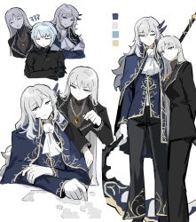 1boy 2girls angela_(project_moon) angelica_(project_moon) argalia_(project_moon) ascot black_jacket black_pants blue_cape blue_eyes blue_jacket brother_and_sister cape closed_mouth gold_trim highres holding holding_scythe jacket jewelry library_of_ruina long_hair looking_at_viewer multiple_girls necklace pants project_moon rai_(r2718281) ring ring_necklace scythe siblings silver_trim simple_background very_long_hair white_ascot white_background white_hair