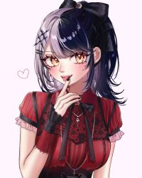 1girl black_corset black_hair black_nails black_ribbon corset dress grey_hair hair_ribbon heart highres hololive hololive_english long_hair multicolored_hair official_alternate_costume official_alternate_hairstyle open_mouth ponytail red_dress ribbon sein_025 shiori_novella shiori_novella_(casual) simple_background solo split-color_hair tongue tongue_out two-tone_hair virtual_youtuber white_background yellow_eyes
