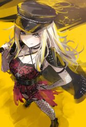 1girl black_cape black_hat black_shoes blonde_hair blue_eyes blush cape character_request closed_mouth copyright_request dress elbow_gloves fingerless_gloves fishnet_gloves fishnet_thighhighs fishnets gloves hat highres long_hair looking_at_viewer peaked_cap red_dress sanshoku_dango_(shukosuko) shoes sidelocks smile solo thighhighs