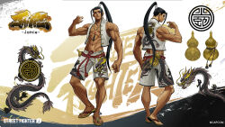 1boy abs absurdres biceps character_name copyright_name dragon dragon_print eastern_dragon flip-flops gourd highres jamie_siu jewelry male_swimwear muscular muscular_male necklace official_alternate_costume official_art open_clothes open_vest ponytail reference_sheet sandals solo standing street_fighter street_fighter_6 swim_trunks vest
