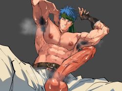 Rule 34 | 1boy, abs, armpit hair, bara, belt, blue eyes, blue hair, commentary, english commentary, erection, fire emblem, fire emblem: radiant dawn, headband, highres, ike (fire emblem), large pectorals, large penis, male focus, male pubic hair, muscular, muscular male, nintendo, nioseptem, nipples, paid reward available, pants, pectorals, penis, penis out, pubic hair, short hair, simple background, solo, testicles, topless male