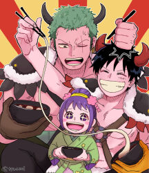 10nemuiyo 1girl 2boys :d bare_pectorals beans between_legs black_eyes black_hair black_horns blush bonk bowl cape chest_harness child chopsticks closed_eyes demon_horns earrings facial_scar food fur-trimmed_cape fur_trim green_hair green_kimono hair_bun hair_ornament haramaki harness highres hitting holding holding_bowl holding_chopsticks horns japanese_clothes jewelry kimono kurozumi_tama monkey_d._luffy multiple_boys official_alternate_costume one_eye_closed one_piece open_mouth pectorals purple_eyes purple_hair red_horns roronoa_zoro scar scar_across_eye scar_on_cheek scar_on_chest scar_on_face short_hair sideburns single_earring single_hair_bun sitting smile soup sparkling_eyes sweatdrop teeth toned toned_male upper_body