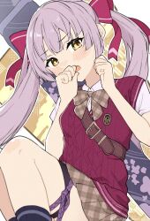 1girl blunt_bangs heaven_burns_red highres long_hair ogasawara_hisame plaid_clothes red_vest ribbon school_uniform skirt solo tanigawa_kent twintails vest weapon_bag white_hair yellow_eyes