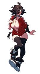 absurdres black_hair breasts cleavage glasses highres jacket large_breasts open_clothes open_jacket original ponytail sportswear sweat thighhighs unexistarts uni_(unexistarts) whistle whistle_around_neck yellow_nails