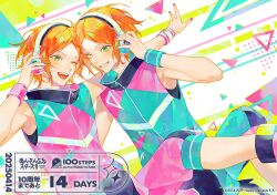 2boys 2wink_(ensemble_stars!) ;d aoi_hinata aoi_yuta arm_around_back arm_on_another&#039;s_shoulder arm_up armpits bare_arms black_shirt blue_jacket blue_nails blue_pants blush brothers capri_pants colorful_background copyright_name copyright_notice countdown dated dutch_angle ensemble_stars! feet_out_of_frame fingernails green_eyes grin hand_on_headphones hand_up headphones heads_together high_collar jacket knee_up knees_up leg_up looking_at_viewer male_focus multicolored_jacket multicolored_nails multicolored_pants multiple_boys nail_polish official_alternate_costume official_art one_eye_closed open_mouth orange_hair outstretched_arm pants parted_bangs pink_jacket pink_nails pink_pants polka_dot sei_(_mo1008) shirt short_hair siblings sitting sleeveless sleeveless_jacket sleeveless_shirt smile triangle twins w white_background wristband