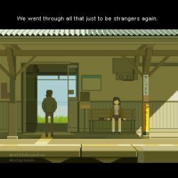 1boy 1girl brown_jacket english_text faceless from_behind green_jacket hands_in_pockets highres jacket letterboxed muted_color onlypixeeels original pillar pixel_art scenery sign sitting sunlight train_station_platform