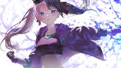 1girl black_hair blue_eyes clenched_hand crop_top earrings fagi_(kakikaki) floating_hair hat jacket jewelry multicolored_hair open_clothes open_jacket parted_lips pink_hair solo split-color_hair street_fighter street_fighter_6 tachibana_hinano tank_top twintails two-tone_hair upper_body virtual_youtuber vspo!