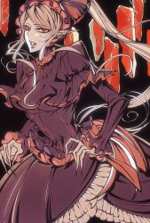 1girl absurdres dress fangs highres lolita_fashion looking_at_viewer luneishexing overlord_(maruyama) ponytail purple_dress raw_meat red_eyes shalltear_bloodfallen slit_pupils solo vampire very_long_fingernails white_hair