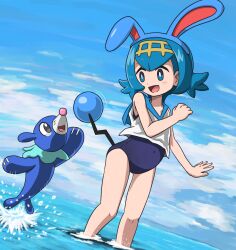 1girl :d animal_ears azumarill azumarill_(cosplay) bare_shoulders black_eyes blue_eyes blue_hair blue_hairband blue_one-piece_swimsuit blue_sailor_collar blue_sky blush cloud commentary_request cosplay covered_navel day dutch_angle fake_animal_ears fake_tail flat_chest flipped_hair from_side full_body gen_2_pokemon gen_7_pokemon hairband hand_up happy jumping lana_(pokemon) legs looking_at_another motion_lines new_school_swimsuit nintendo ocean one-piece_swimsuit open_mouth outdoors outstretched_arm pokemon pokemon_(anime) pokemon_(creature) pokemon_sm_(anime) popplio sailor_collar school_swimsuit shirt short_hair sky sleeveless sleeveless_shirt smile splashing standing swimsuit swimsuit_under_clothes tail tail_wagging takamame wading water water_drop wet white_shirt