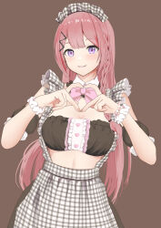 Rule 34 | 1girl, absurdres, apron, black tube top, bow, bowtie, brown background, commentary request, gibun (sozoshu), grin, heart, heart hands, highres, long hair, looking at viewer, maid, maid headdress, original, parted lips, pink bow, pink bowtie, pink hair, plaid apron, plaid clothes, plaid headdress, simple background, smile, solo, standing, strapless, tube top