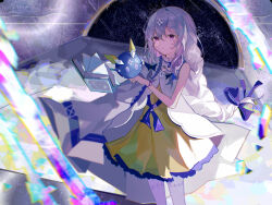 1girl arcaea bare_shoulders book bow braid charon_(arcaea) collar dress hair_between_eyes hair_ornament highres jacket lagrange_(arcaea) long_hair monocle otarc pantyhose purple_bow purple_eyes purple_hair purple_pantyhose sidelocks single_braid solo twintails white_jacket yellow_dress