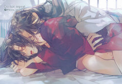2boys alternate_costume bare_legs bed bed_sheet bishounen bite_mark black_hair blush chinese_clothes closed_eyes couple eyelashes hand_on_another&#039;s_stomach hanfu hickey hug hug_from_behind implied_sex indoors kiss kissing_neck lan_wangji light_particles long_hair lying male_focus modao_zushi moirae multiple_boys on_bed on_side open_mouth ponytail red_hanfu robe saliva sleeping twitter_username watermark wei_wuxian white_hanfu wide_sleeves window yaoi