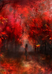 00 1girl autumn autumn_leaves black_hair black_pantyhose blurry book depth_of_field female_focus forest from_behind highres holding holding_book leaf long_hair nature original pantyhose path road scenery skirt solo sunlight tree